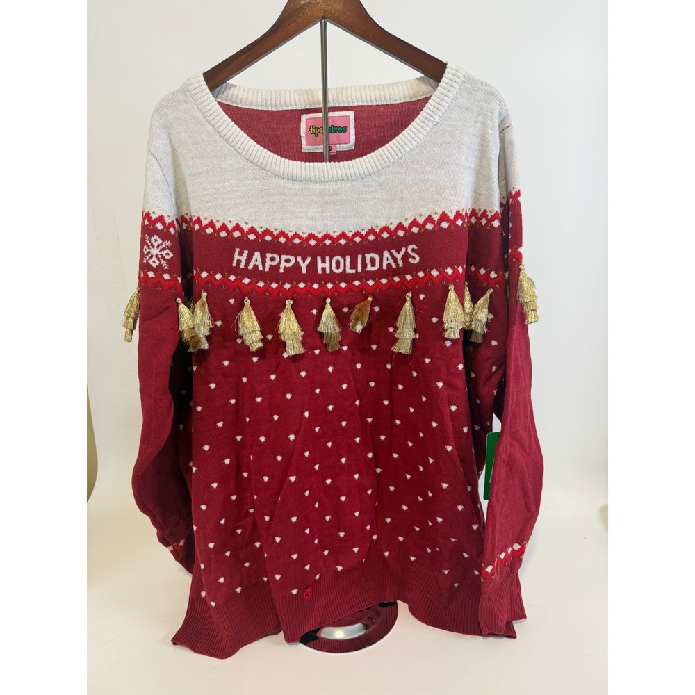 Tipsy Elves Sweater Women's 3XL Happy Holidays Tassel Ugly Christmas Sweater Red